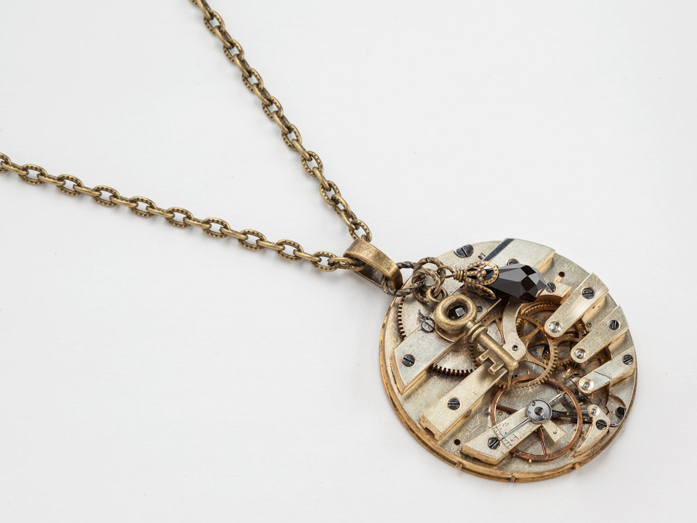 Steampunk Necklace antique gold key wind pocket watch movement skeleton key charm black crystal unisex