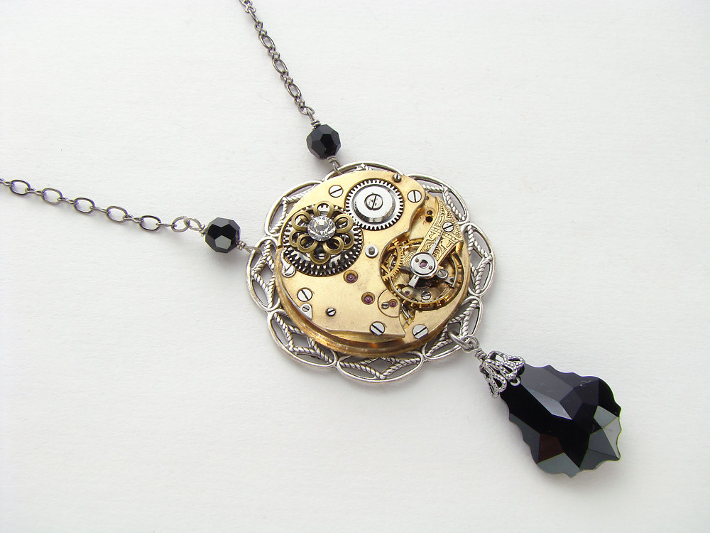 Steampunk Necklace antique gold pocket watch gears black crystal silver filigree flower Victorian pendant jewelry