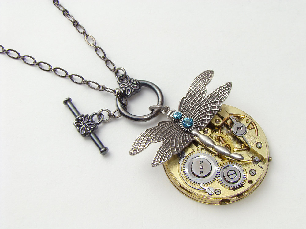 Steampunk Necklace antique gold pocket watch gears silver dragonfly blue Swarovski crystal