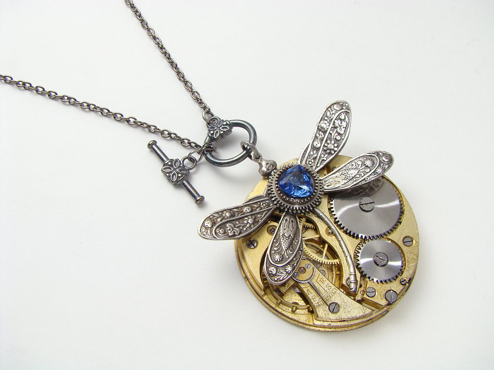 Steampunk Necklace antique gold pocket watch gears silver dragonfly blue Tanzanite gemstone