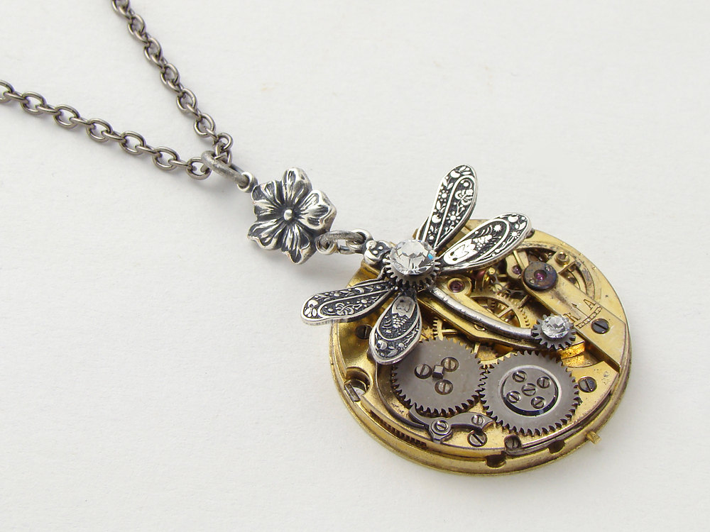 Steampunk Necklace antique gold pocket watch gears silver dragonfly flower Swarovski crystal