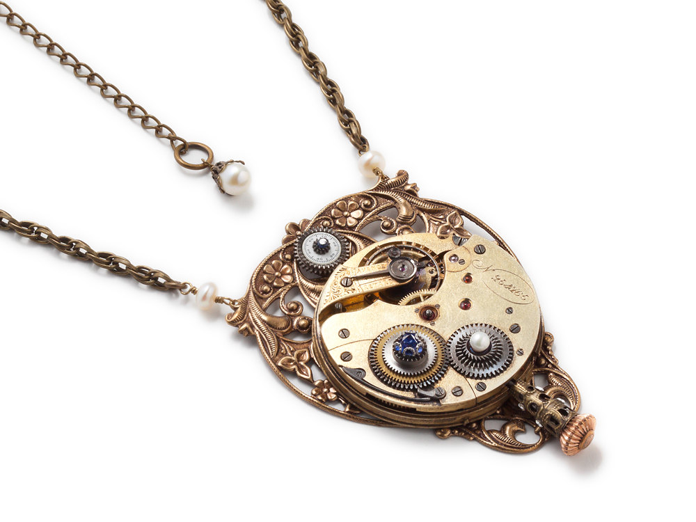 Steampunk Necklace antique gold pocket watch gears Tanzanite Pearl Blue Sapphire Victorian flower leaf