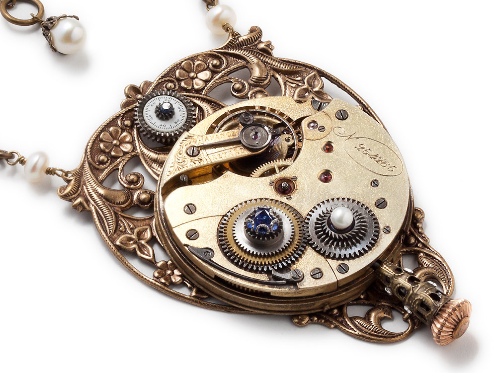 Steampunk Necklace antique gold pocket watch gears Tanzanite Pearl Blue Sapphire Victorian flower leaf