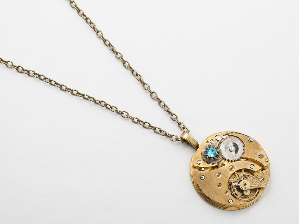 Steampunk Necklace Antique gold pocket watch movement gears aquamarine blue crystal flower pendant necklace Steampunk jewelry