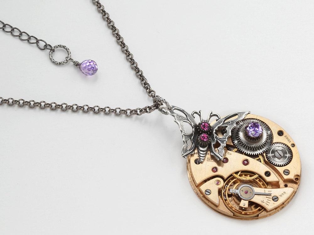 Steampunk Necklace antique gold pocket watch movement gears silver butterfly purple amethyst crystal pendant jewelry