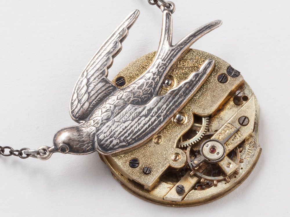 Steampunk Necklace antique gold pocket watch movement gears silver swallow bird pendant Industrial jewelry