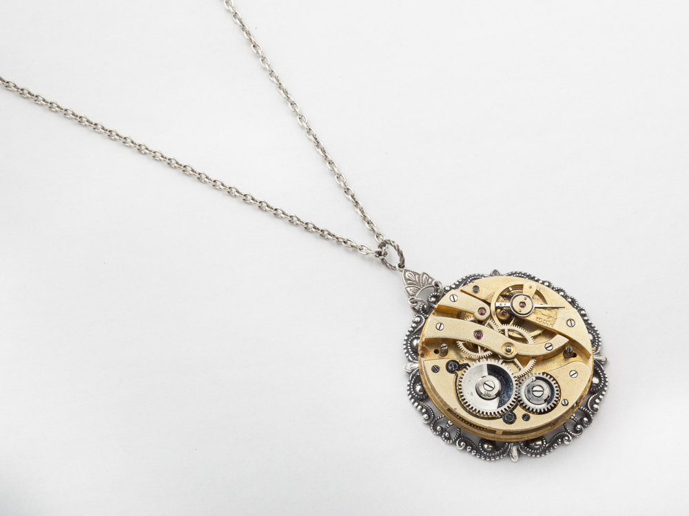 steampunk necklace antique gold pocket watch movement silver filigree flower victorian clock work pendant steampunk jewelry 171086834 2