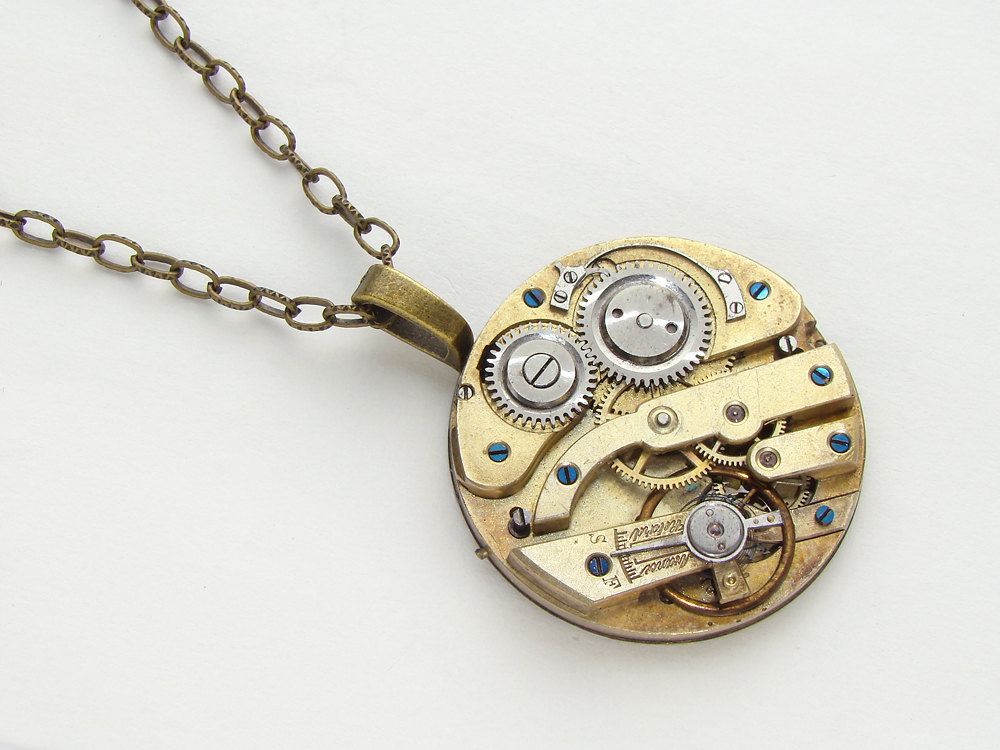 Steampunk Necklace antique gold pocket watch movement silver steel gears ruby jewels unisex pendant jewelry