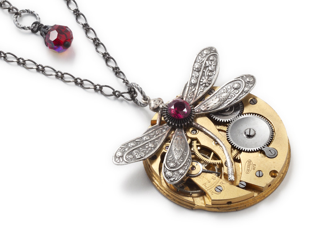Steampunk Necklace antique gold pocket watch silver floral dragonfly red gemstone