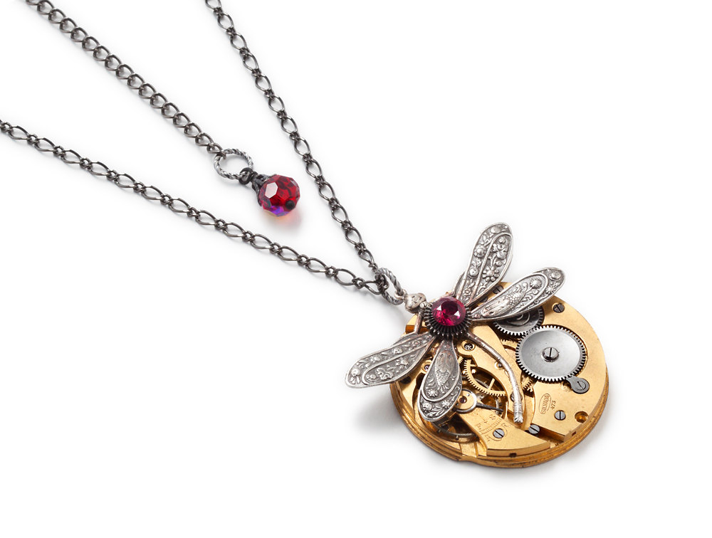 Steampunk Necklace antique gold pocket watch silver floral dragonfly red gemstone