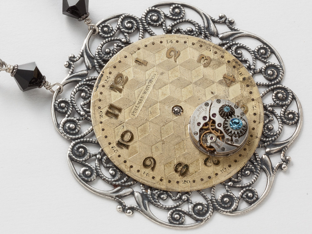 Steampunk Necklace antique gold Victorian watch dial movement blue black crystal silver filigree bird jewelry