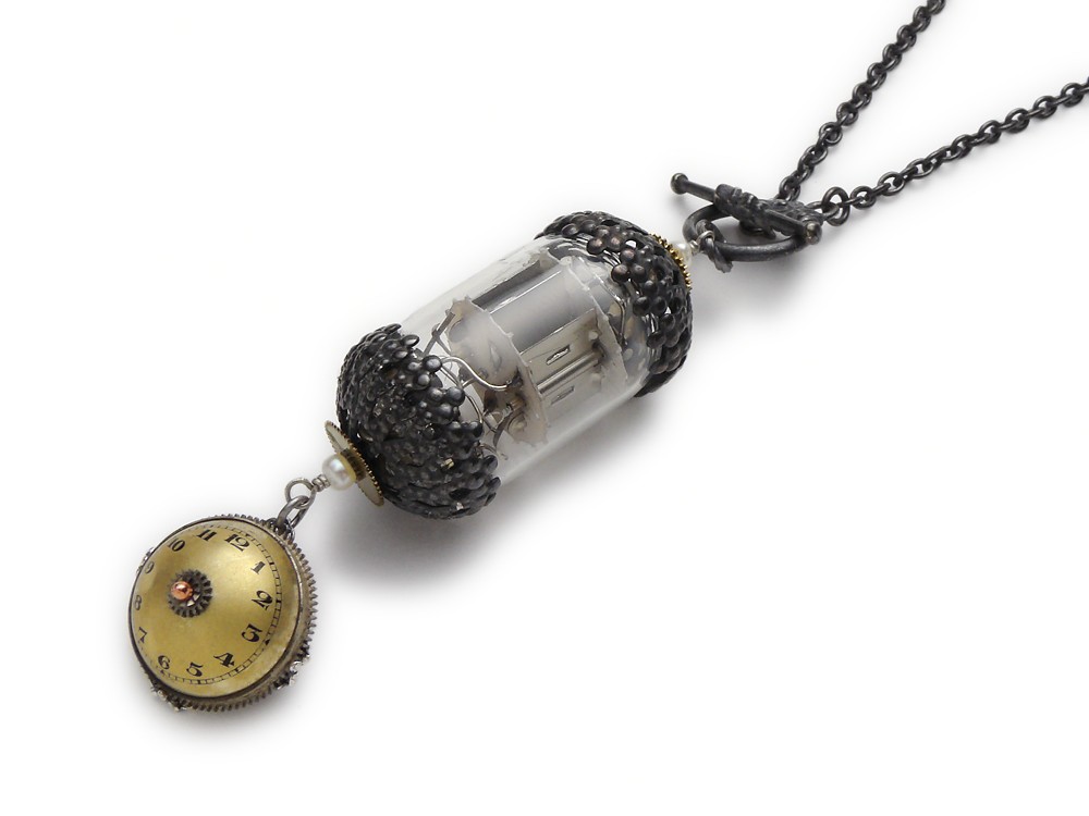 Steampunk Necklace antique gold watch dial wheels gears watch parts1930 vintage vacuum glass tube with genuine pearls antiqued silver filigree copper and brass lariat pendant