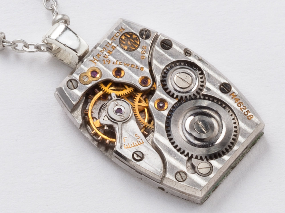 Steampunk Necklace antique Hamilton pinstripe silver tank watch movement unisex pendant Industrial jewelry