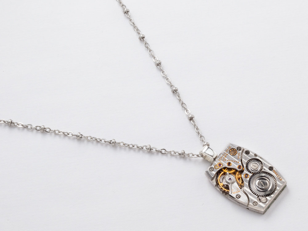 Steampunk Necklace antique Hamilton pinstripe silver tank watch movement unisex pendant Industrial jewelry