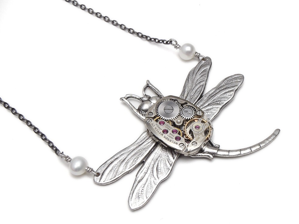Steampunk Necklace antique Helbros watch movement gears circa 1930 17 ruby jewel silver Art nouveau dragonfly with genuine pearls filigree vintage chain pendant
