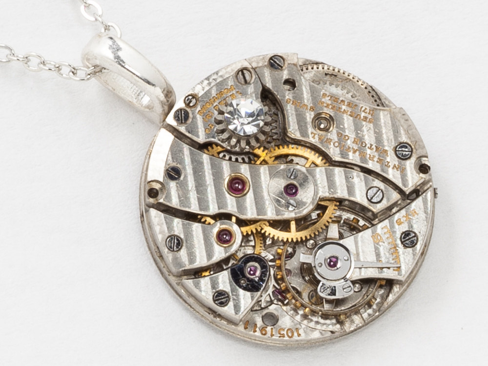 Steampunk Necklace Antique IWC International Watch Co. Timepiece with Faceted Crystal Stone Clockwork Pendant on Silver Chain Statement