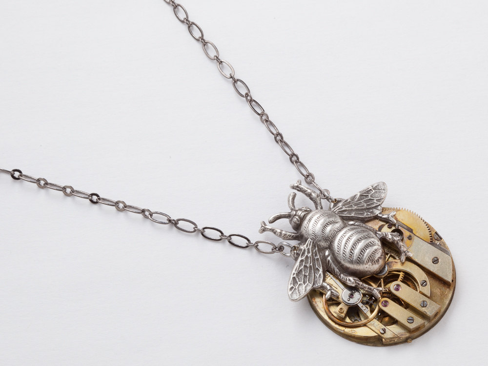 Steampunk Necklace antique key wind gold pocket watch movement gears silver bumble bee jewelry