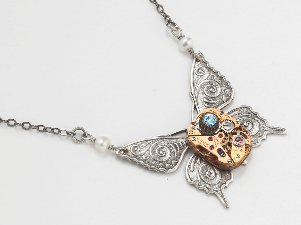 Steampunk Necklace antique pink rose gold watch movement gears silver butterfly pearl blue crystal