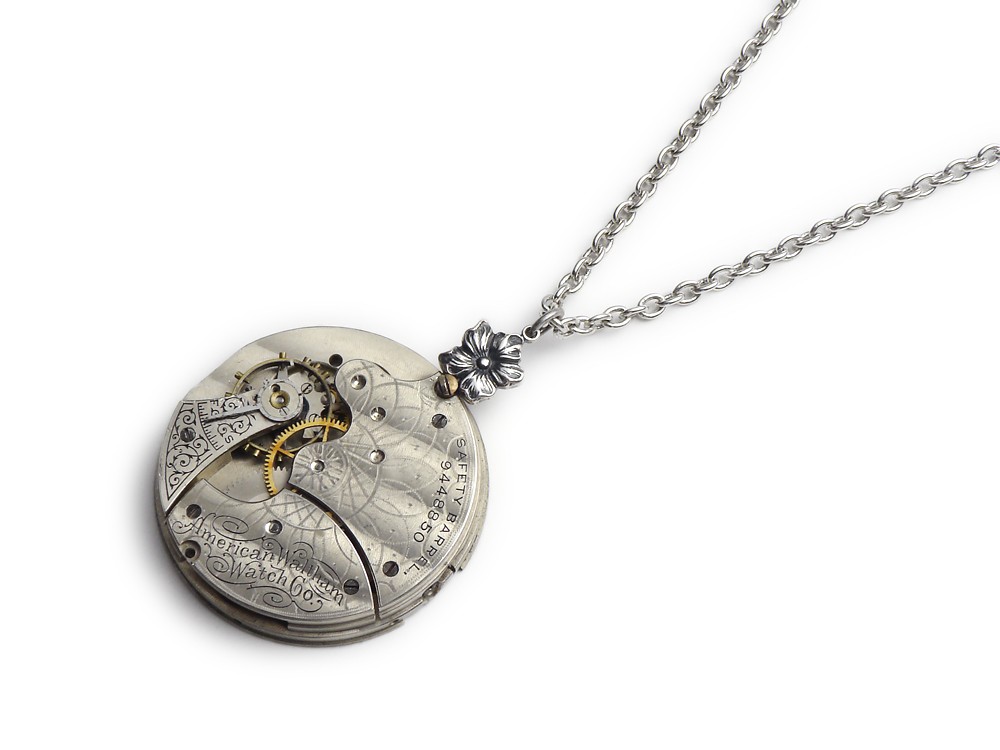 Steampunk Necklace antique pocket watch movement gears engraved silver flower Victorian pendant Statement Steampunk jewelry