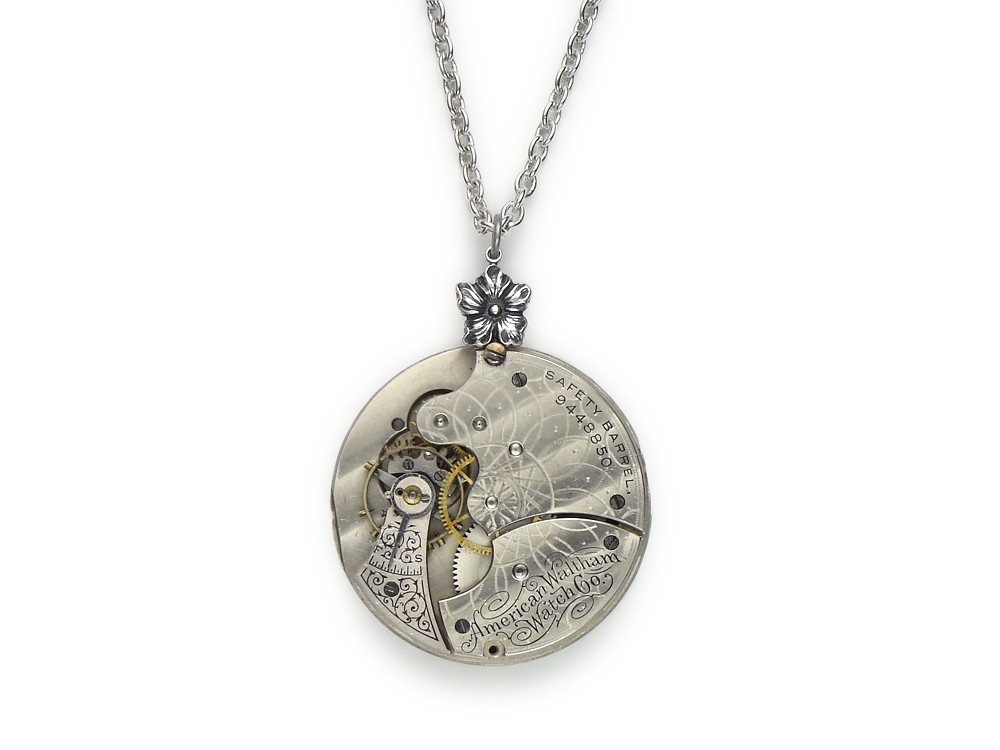 Steampunk Necklace antique pocket watch movement gears engraved silver flower Victorian vintage pendant Statement Steampunk jewelry