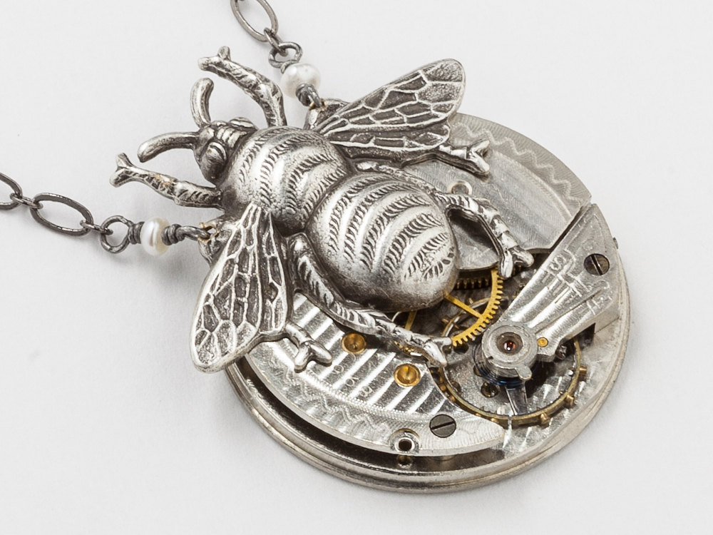 Steampunk Necklace antique pocket watch movement gears silver bumble bee pearl Steampunk jewelry