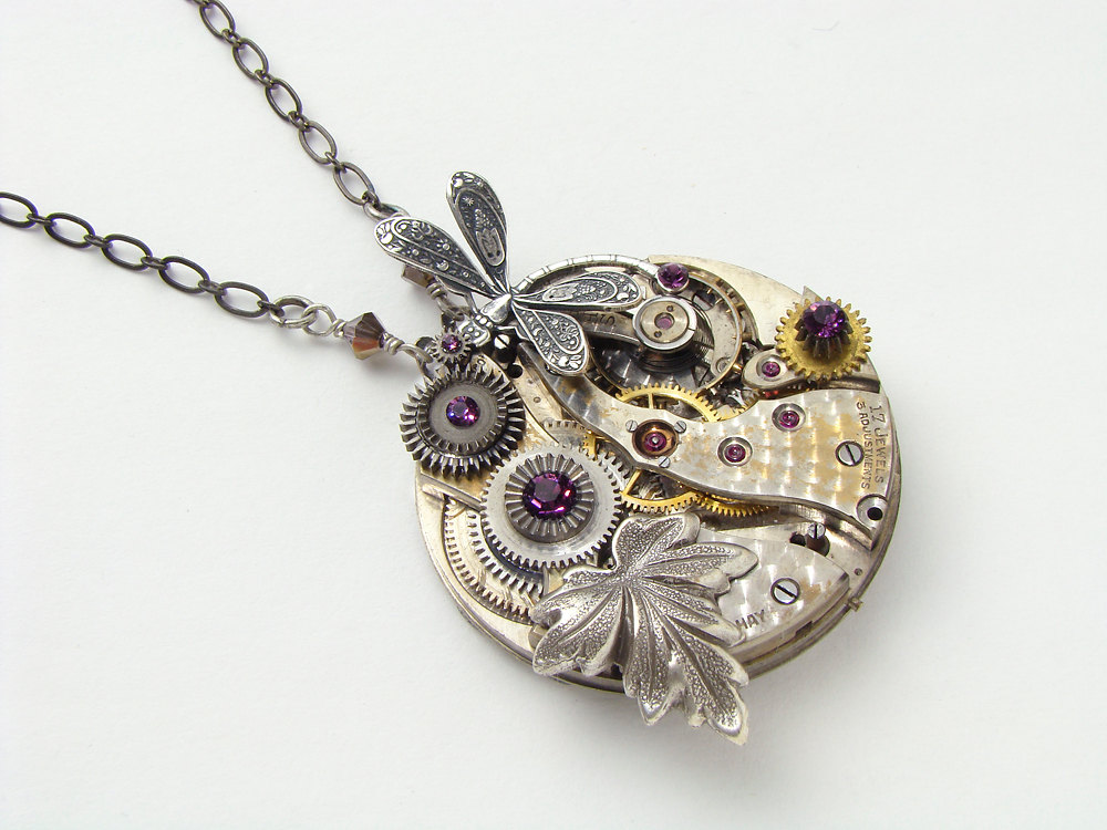 Steampunk Necklace antique pocket watch movement gears silver dragonfly leaf purple amethyst crystal