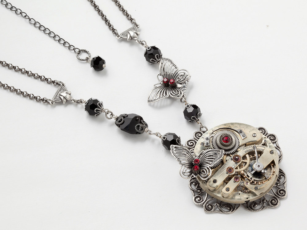 Steampunk Necklace antique pocket watch movement gears silver filigree butterfly red black crystal jewelry