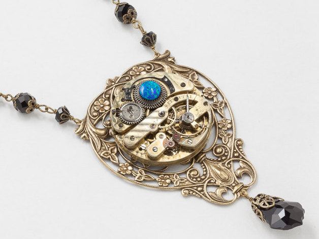 Steampunk Necklace Antique Pocket Watch Movement with Jet Crystal Beads Black Opal Gold Flower Leaf Filigree Statement Necklace