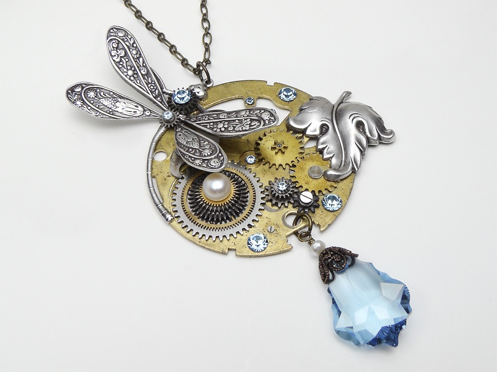 Steampunk Necklace antique pocket watch plate gears circa 1940 floral motif silver dragonfly and leaf genuine pearls blue topaz Swarovski crystal vintage chain filigree pendant