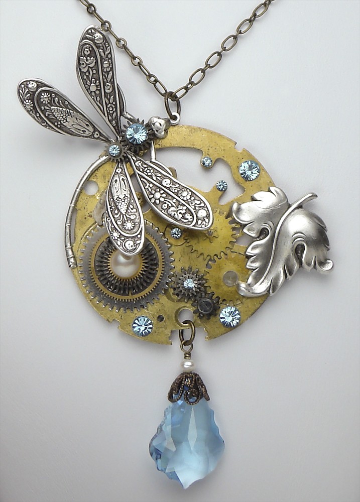 Steampunk Necklace antique pocket watch plate gears circa 1940 floral motif silver dragonfly and leaf genuine pearls blue topaz Swarovski crystal vintage chain filigree pendant