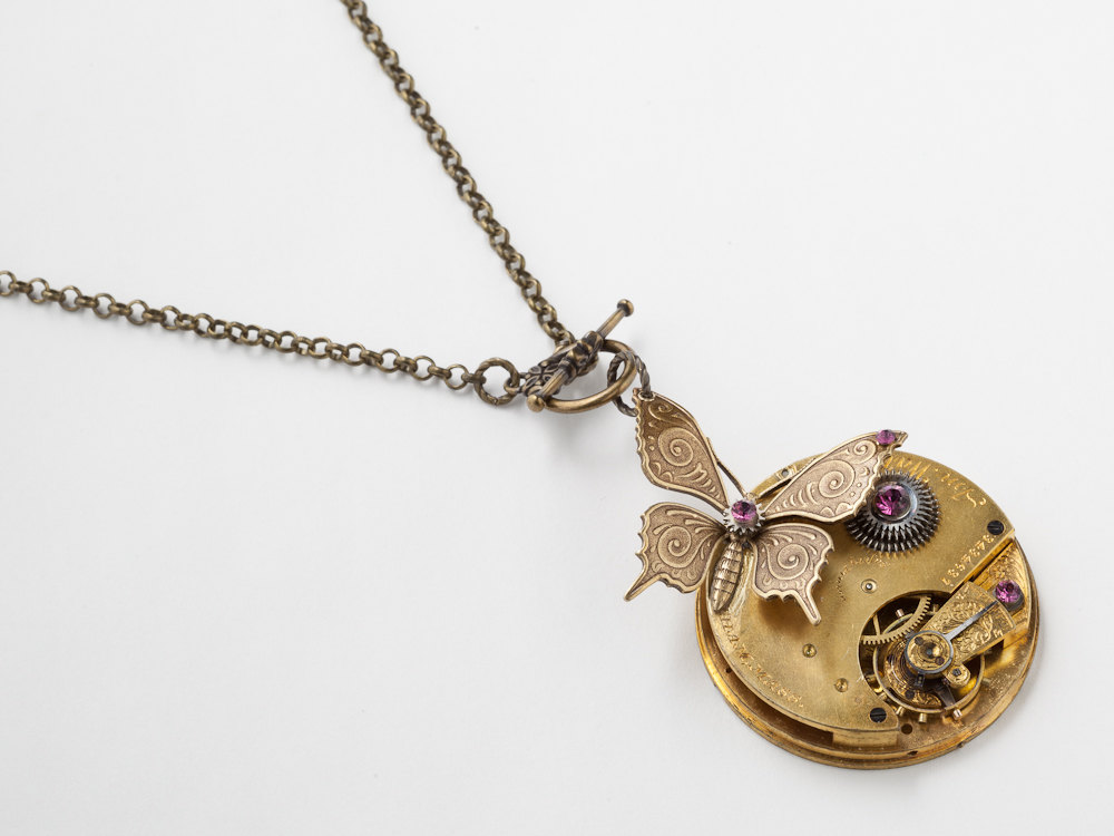 Steampunk Necklace antique pocket watch silver gears gold butterfly purple amethyst crystal Victorian pendant jewelry