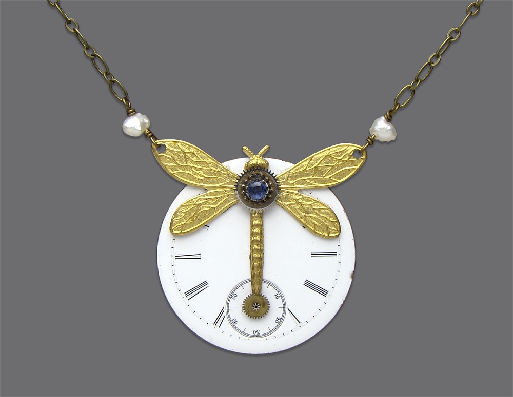 Steampunk necklace antique porcelain watch dial circa 1900 gears watch parts genuine blue sapphire gold brass dragonfly pendant