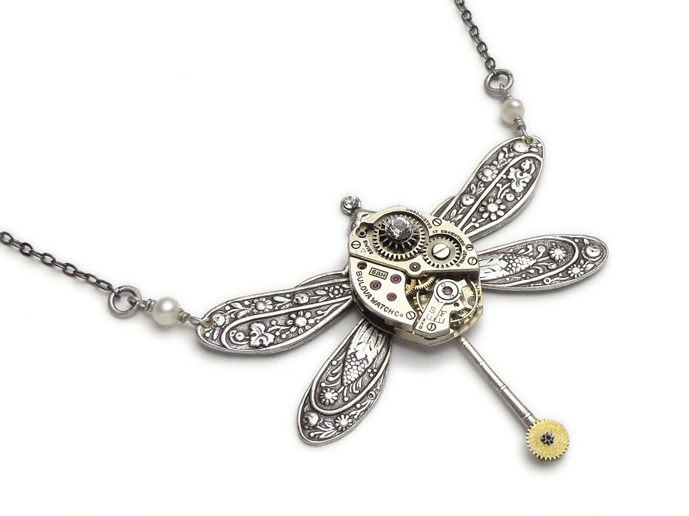 Steampunk Necklace antique silver Bulova watch movement gears circa 1940 ruby jewels floral motif dragonfly with genuine pearls swarovski crystal stone and vintage chain pendant