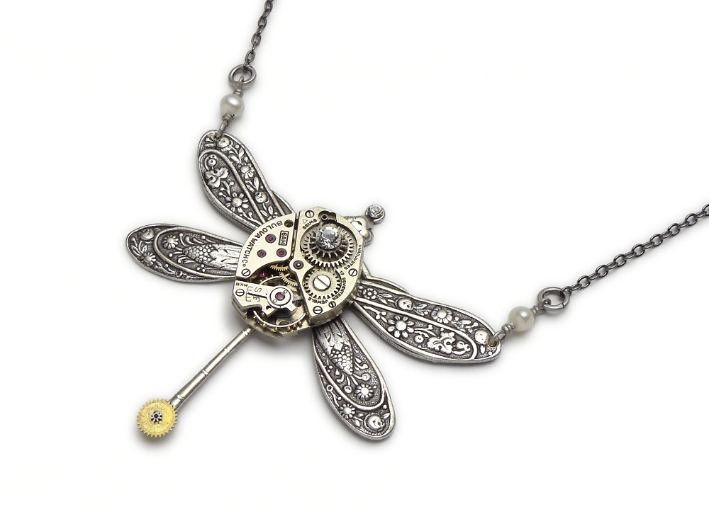Steampunk Necklace antique silver Bulova watch movement gears circa 1940 ruby jewels floral motif dragonfly with genuine pearls swarovski crystal stone and vintage chain pendant