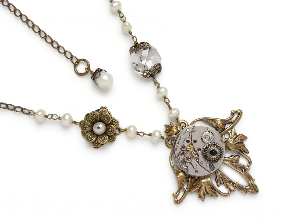 Steampunk necklace antique silver Elgin watch movement gears crystal genuine Pearls gold Victorian flower leaf motif