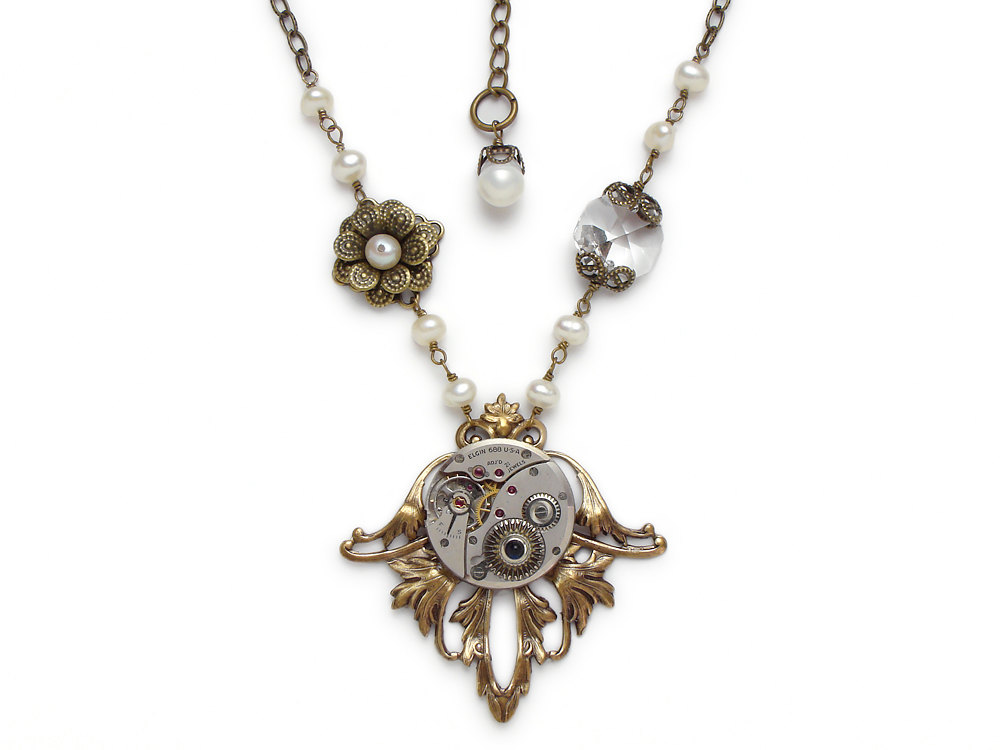 Steampunk necklace antique silver Elgin watch movement gears crystal genuine Pearls gold Victorian flower leaf motif