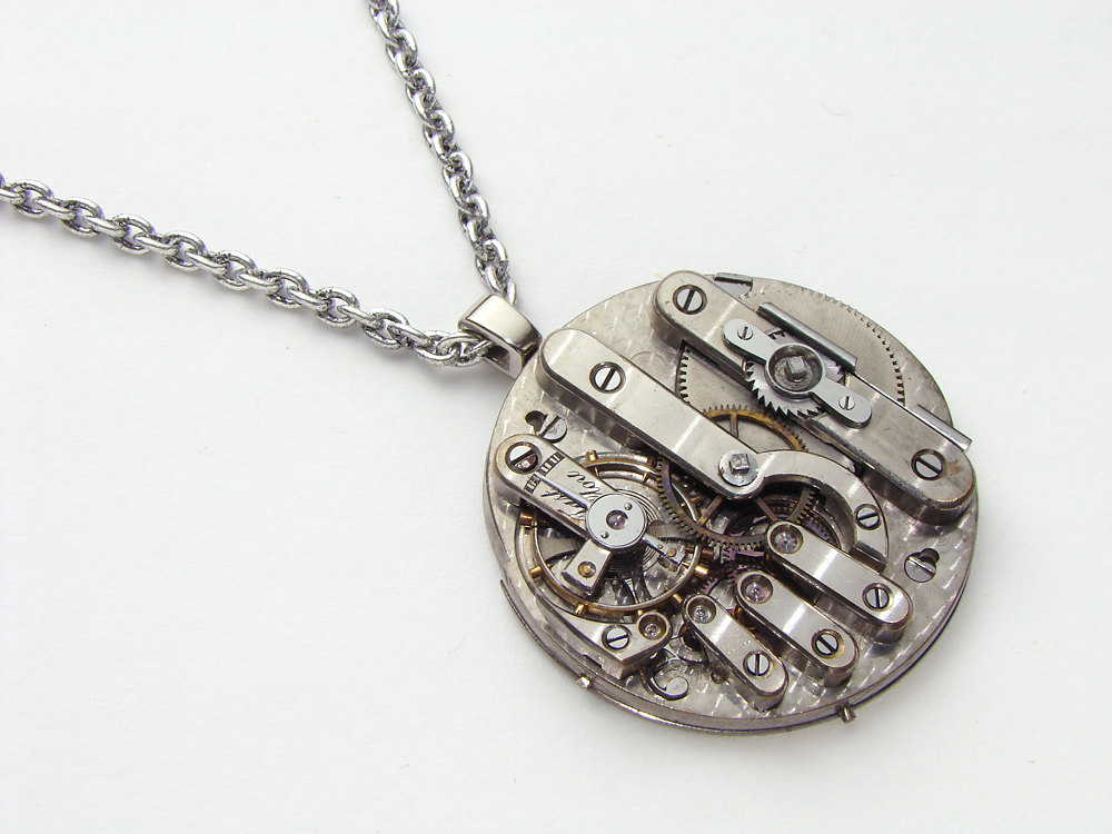 Steampunk Necklace antique silver key wind pocket watch movement gold gears ruby jewels unisex pendant jewelry