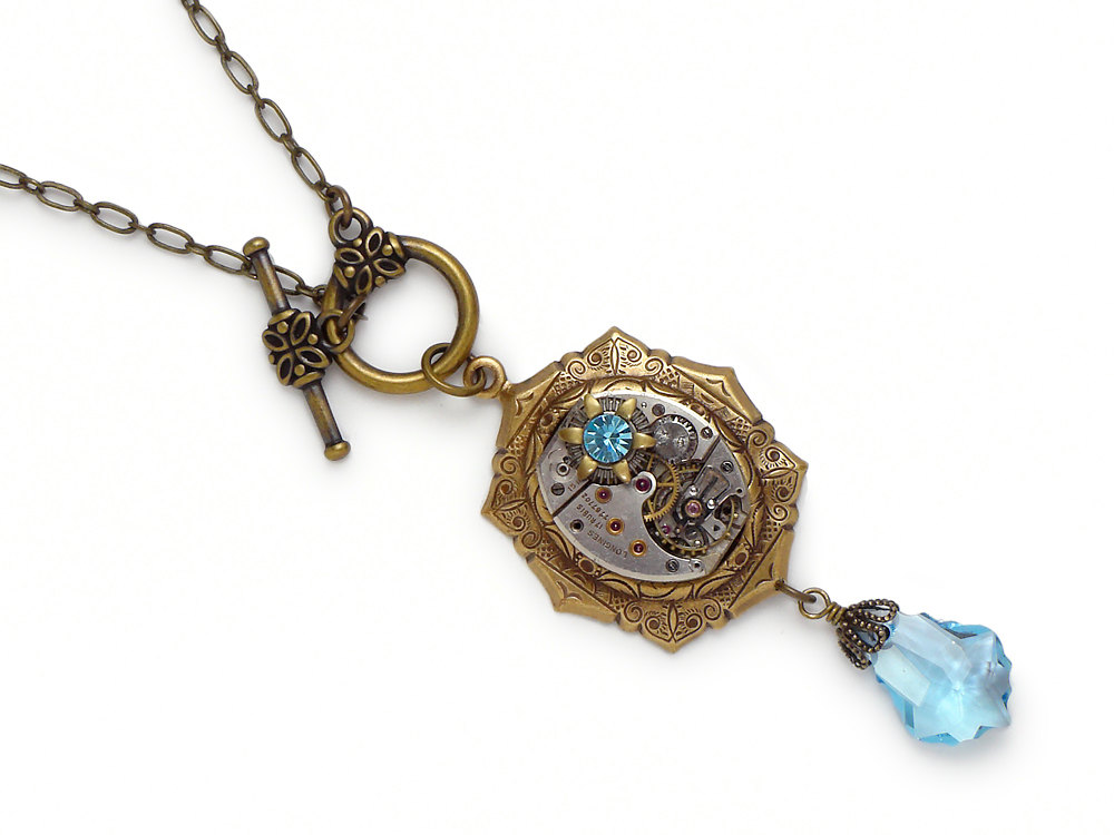 Steampunk Necklace antique silver Longines wristwatch gears gold flower blue Swarovski crystal