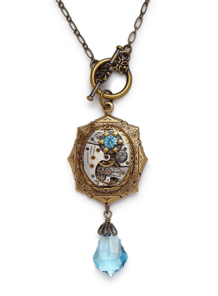 Steampunk Necklace antique silver Longines wristwatch gears gold flower blue Swarovski crystal