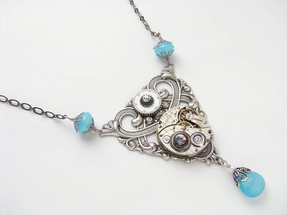 Steampunk Necklace antique silver pinstripe pocket watch gears Victorian blue chalcedony pearl crystal