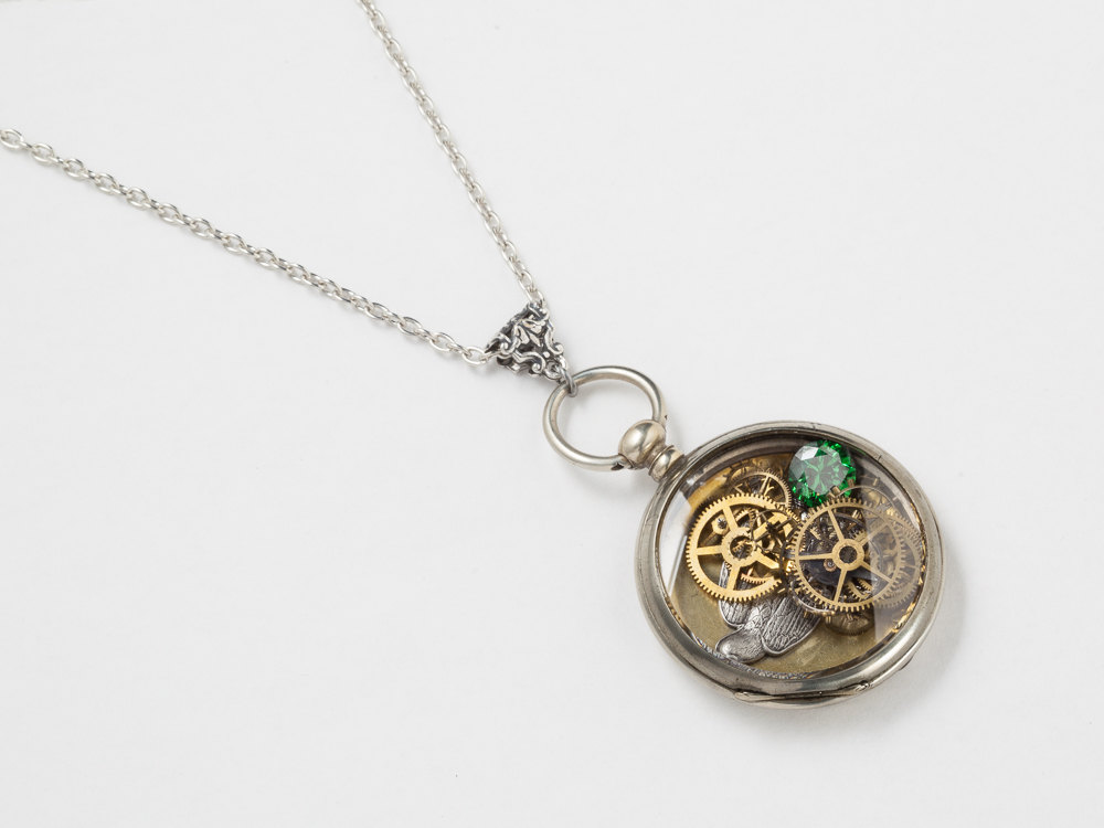 Steampunk Necklace Antique Silver pocket watch movement case gears wheels with Emerald gemstone locket bird pendant necklace