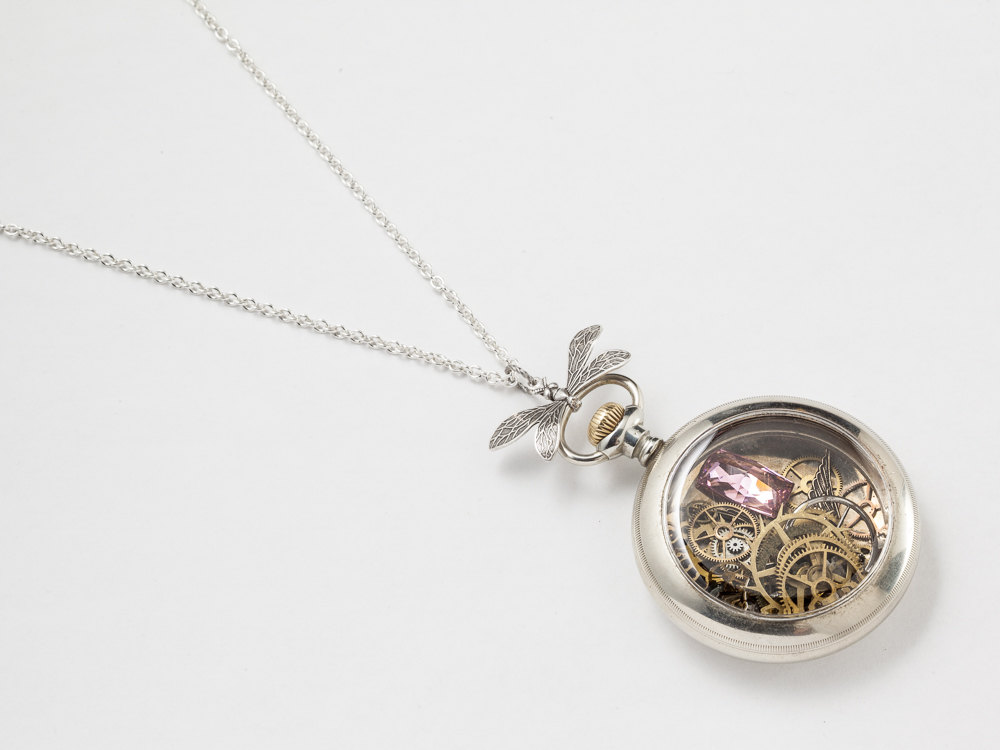 Steampunk Necklace Antique Silver pocket watch movement case gold gears wheels with pink zircon bird dragonfly pendant locket necklace
