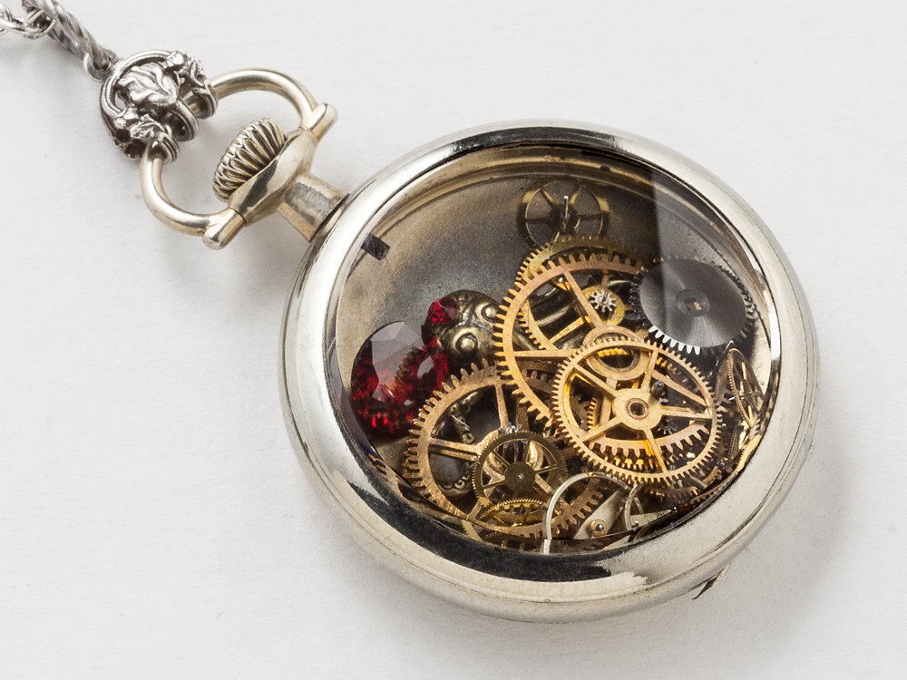 Steampunk Necklace Antique Silver pocket watch movement case with gears gold octopus pendant Red Garnet crystal locket necklace