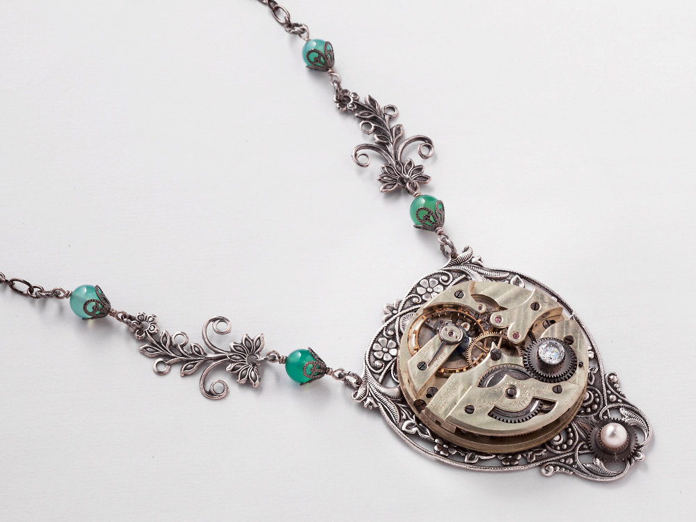 Steampunk Necklace antique silver pocket watch movement gears pearl green agate crystal Victorian flower leaf