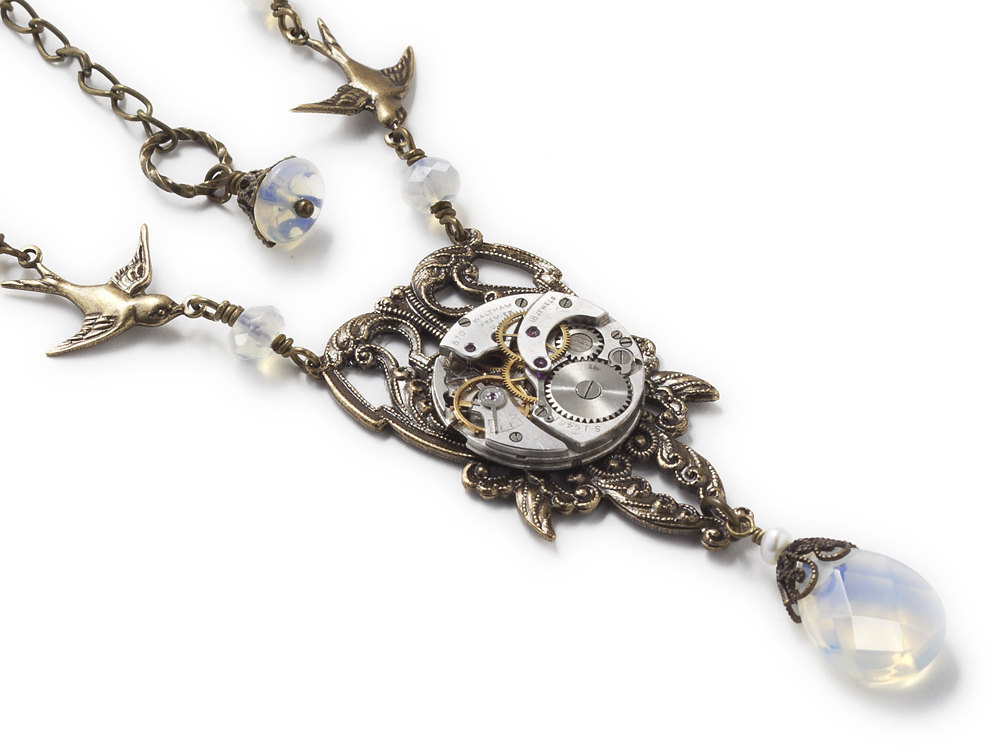 Steampunk necklace antique silver Waltham watch gears flying birds pearl opalite glass gold Victorian leaf