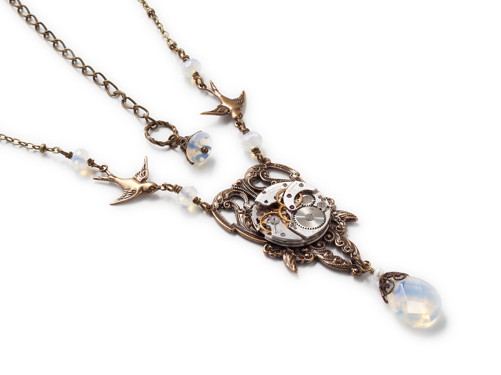 Steampunk necklace antique silver Waltham watch gears flying birds pearl opalite glass gold Victorian leaf