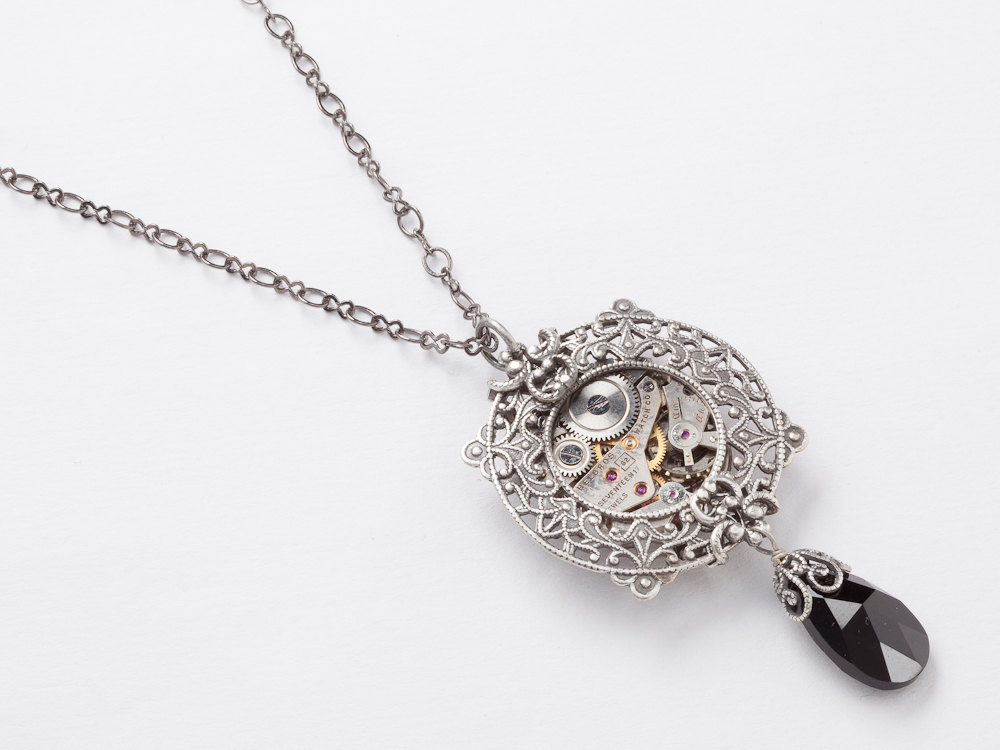 Steampunk Necklace antique silver watch movement gears black Swarovski crystal flower leaf filigree Industrial