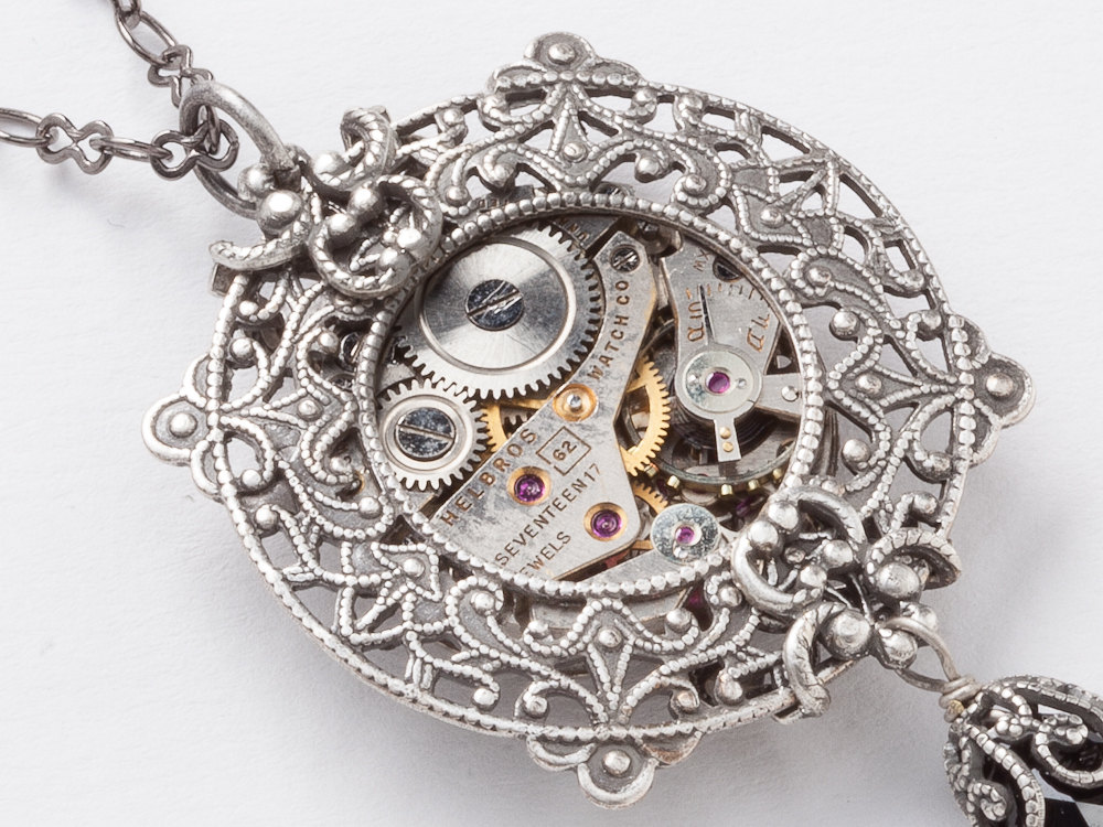 Steampunk Necklace antique silver watch movement gears black Swarovski crystal flower leaf filigree Industrial