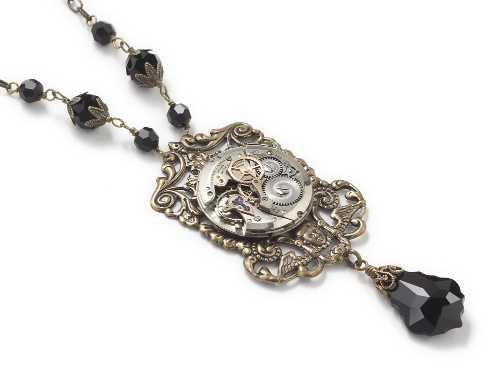 Steampunk necklace antique silver watch movement gears black Swarovski crystal gold filigree Victorian cherub leaf
