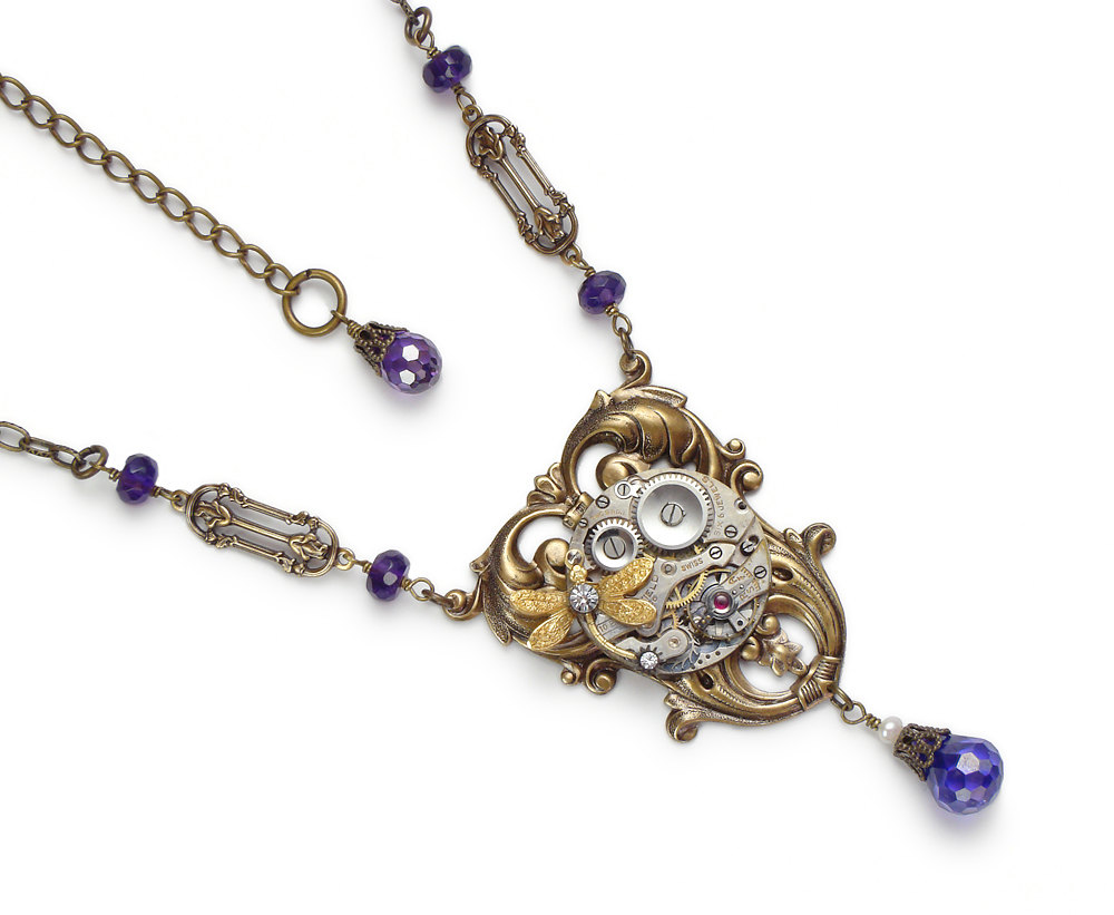 Steampunk necklace antique silver watch movement gears dragonfly Amethyst Pearl gold Victorian flower leaf motif